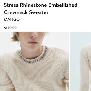 Mango Cream Crewneck Sweater with Rhinestone Embellishment